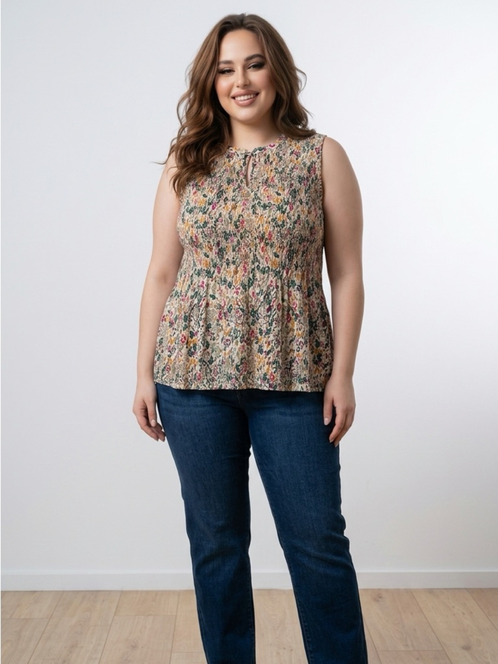 Penningtons Sleeveless Floral Top Cream Multicolor Keyhole Tie Flowy Plus Size